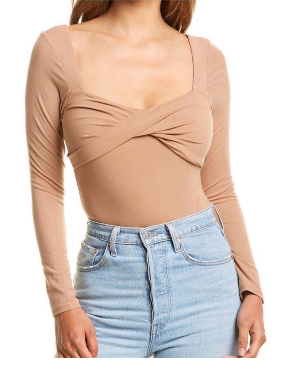 Astr the Label Long Sleeve Twist Front Bodysuit in Nude